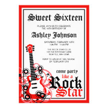 Rock Star Guitar Sweet 16 Birthday Party Red Personalised Invitations