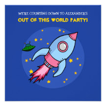 Rocket blue pink Birthday Invitation