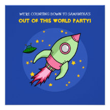 Rocket pink green Birthday Invitation