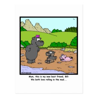 Rolling in the mud: Pig and Hippopotamus Cartoon Postcard