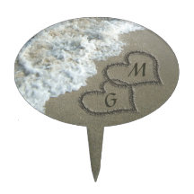 Romantic Beach Hearts, Custom Initials Cake Topper