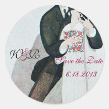 ROMANTIC BRIDE & GROOM SAVE THE DATE MONOGRAM ROUND STICKER