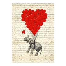 Romantic elephant & heart balloons custom invites