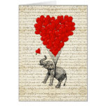 Romantic elephant & heart balloons greeting card