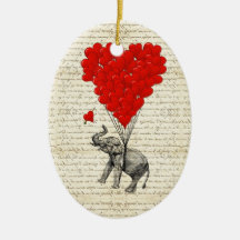 Romantic elephant & heart balloons ornament