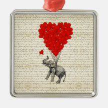 Romantic elephant & heart balloons christmas ornament