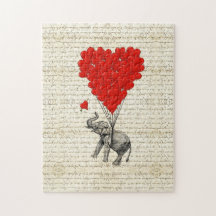 Romantic elephant & heart balloons puzzle