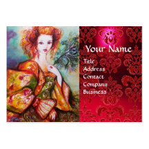ROMANTIC WOMAN WITH PEACOCK FEATHER Red  Damask Business Card Template