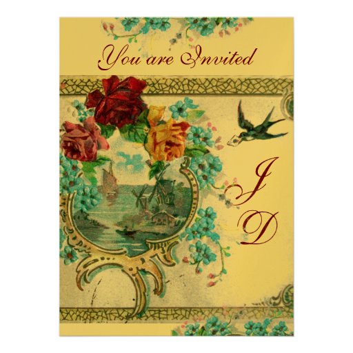 ROMANTİCA 3 ELEGANT GOLD BLUE WEDDING MONOGRAM INVITES