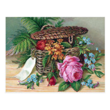 Roses and Ferns in Basket Vintage Victorian Post Card