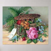 Roses and Ferns in Basket Vintage Victorian Posters