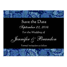 Royal Blue and Black Damask Save The Date Postcard