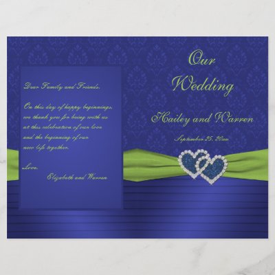 Royal Blue and Chartreuse Damask Wedding Program Flyer Design by