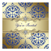 Royal Blue and Gold Damask Party Invitations