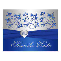 Royal Blue and Silver Heart Save the Date Card Post Cards