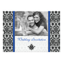 Royal Blue Damask Photo Wedding Invitation