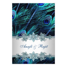 Royal Blue Silver Indian Peacock Reception Cards Custom Announcement