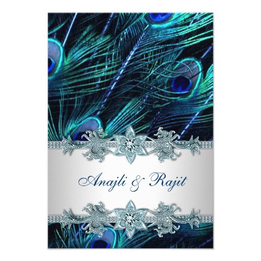 Royal Blue Silver Indian Peacock Reception Cards Custom Announcement
