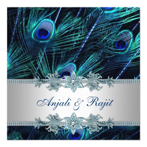 Royal Blue Silver Royal Indian Peacock Wedding Personalised Invitation