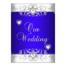 Royal blue Wedding Silver White Diamond Hearts Custom Announcements