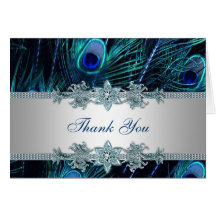 Royal Teal Blue Silver Peacock Thank You Cards