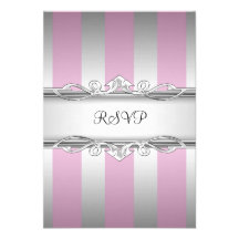 RSVP 21st Birthday White Pink Silver Grey Stripe Custom Invitation