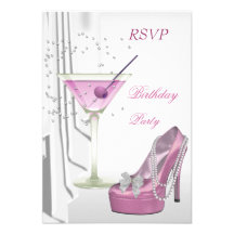 RSVP Birthday Party White Pink Martini Pearl Shoe Custom Invitations