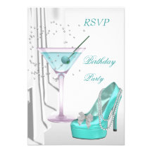 RSVP Birthday Party White Teal Martini Pearl Shoe Invitation