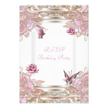 RSVP Reply Party Pink Rose White Butterfly Personalized Announcements