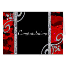 Ruby Red Roses & Diamond Swirls Wedding Greeting Cards