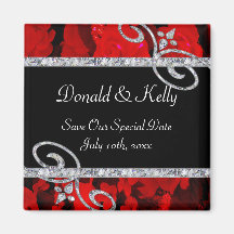 Ruby Red Roses & Diamond Swirls Wedding Refrigerator Magnets