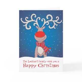 Rudolph Happy Christmas family card soft blue back card