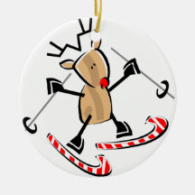 rudolph skiing on camdy canes christmas tree ornament