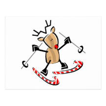 rudolph skiing on camdy canes postcard