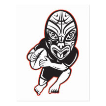 Rugby player running wearing Maori mask Post Cards
