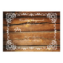 Rustic Barn Wood Scroll Frame Wedding RSVP Cards