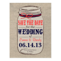 Rustic Coral & Navy Mason Jar Save the Date Postcard