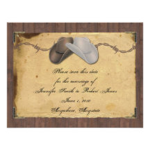 Rustic Country Cowboy Hats Barbed Save the Date Invitations