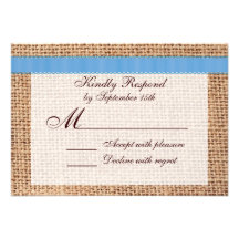 Rustic Country Printed Burlap Blue Ribbon RSVP Custom Invitation