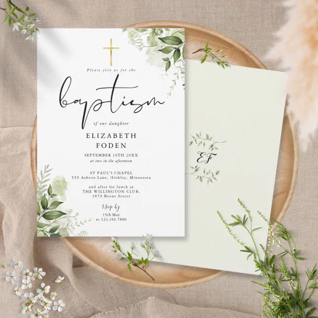 Rustic Greenery Leaves Elegant Monogram Baptism Invitation Zazzle