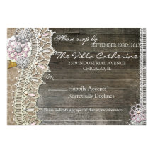 Rustic Lace Wood Floral  Wedding Reception RSVP Custom Invite