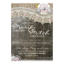 Rustic Wood & Lace Floral Wedding Invitation