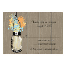 Rustic Wood Mason Jar filled with Wildflowers RSVP Invites