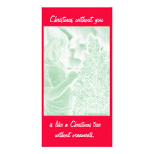 Sad girl without ornaments on Christmas tree Personalized Photo Card