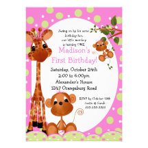 Safari Fun Girls 1st Birthday Personalized Announcements