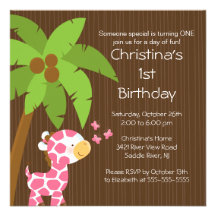 Safari Jungle Pink Giraffe Kid Birthday Party Personalized Invitations