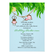 Safari Twin Monkeys Baby Shower Invitation