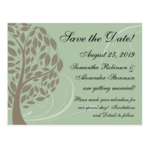 Sage Green, Brown Stylised Eco Tree Save the Date Post Cards