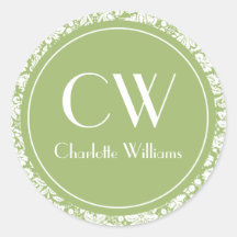 Sage Green Damask Monogram Sticker