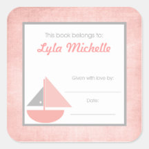 Sail boat Book Plate BOOKPLATE Pink Grey Girl Square Sticker